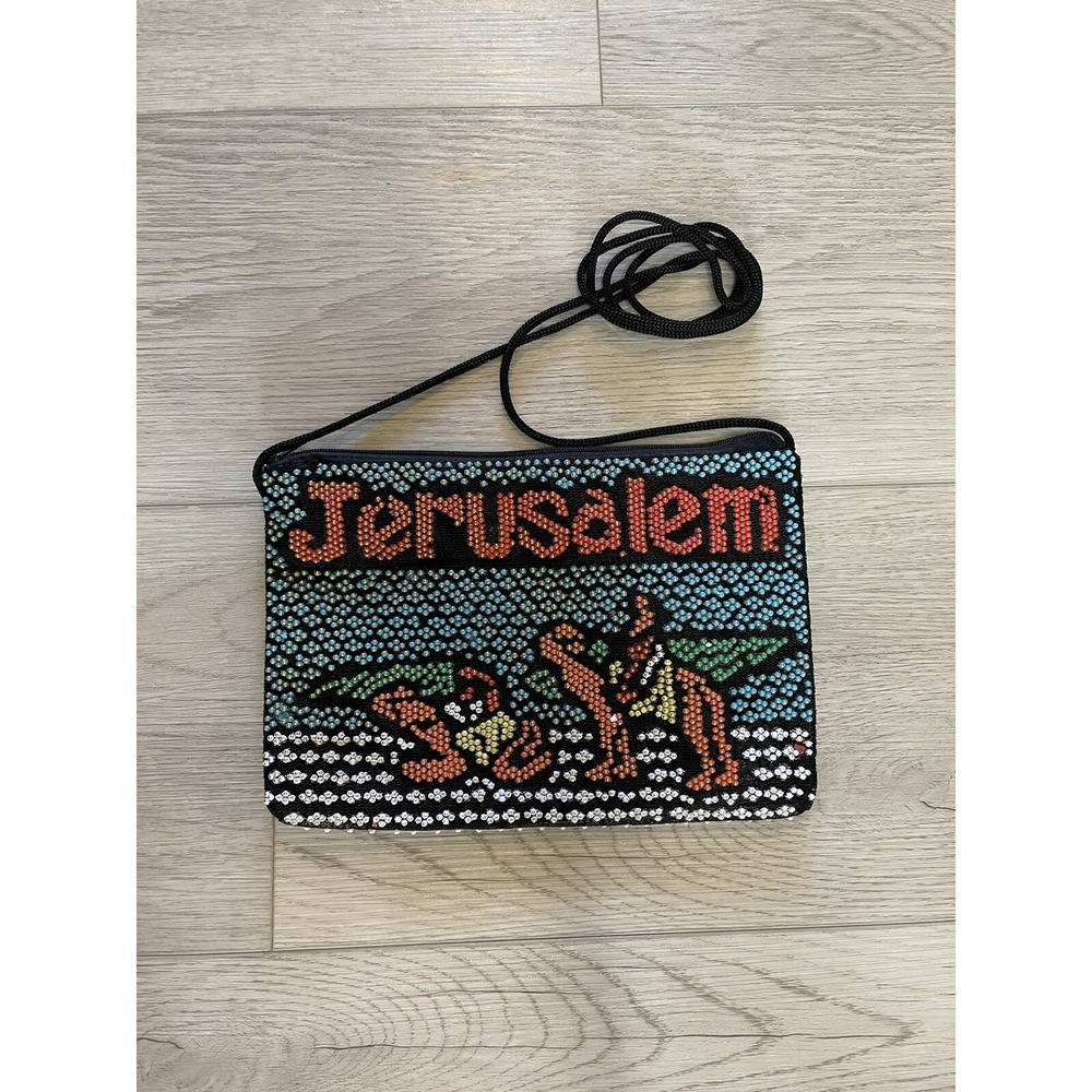 Jerusalem Beaded Bag From Israel Zipper Long Strap Small Holy Land Souvenir
